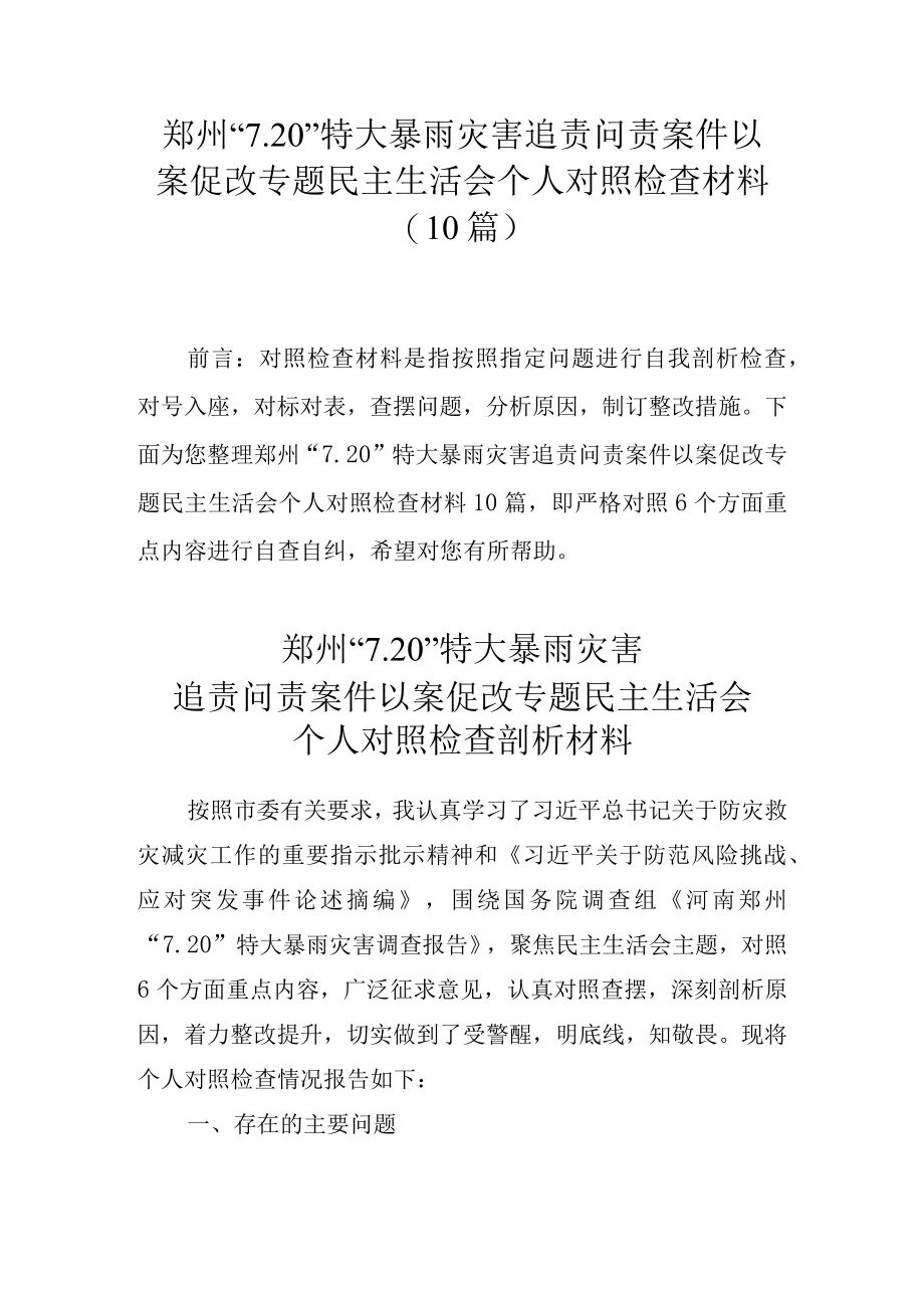 10篇郑州720特大暴雨灾害追责问责案件以案促改专题民主生活会个人对照检查材料.docx_第1页