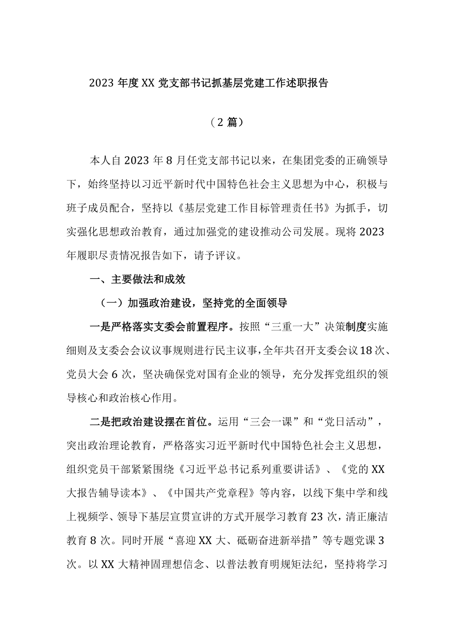 (2篇)2023年度XX党支部书记抓基层党建工作述职报告.docx_第1页