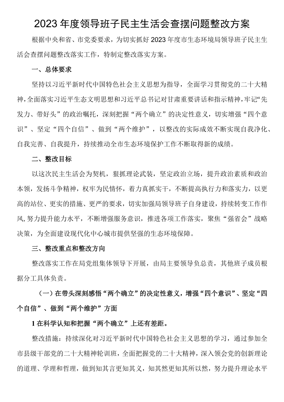 20232023年度领导班子六个带头民主生活会查摆问题整改方案.docx_第1页