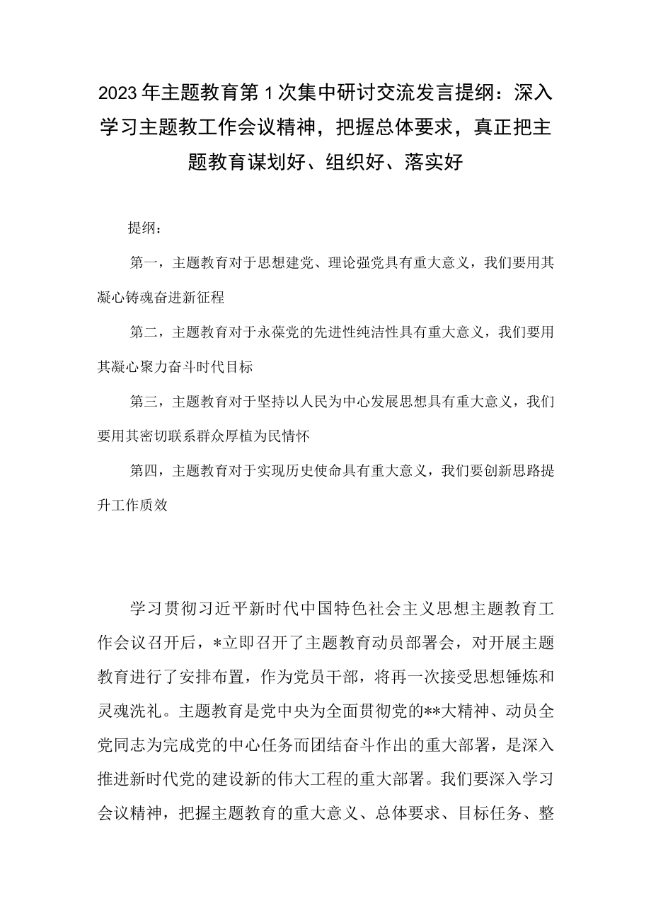 2023年主题教育第1次集中研讨交流发言提纲：深入学习主题教工作会议精神把握总体要求真正把主题教育谋划好组织好落实好.docx_第1页