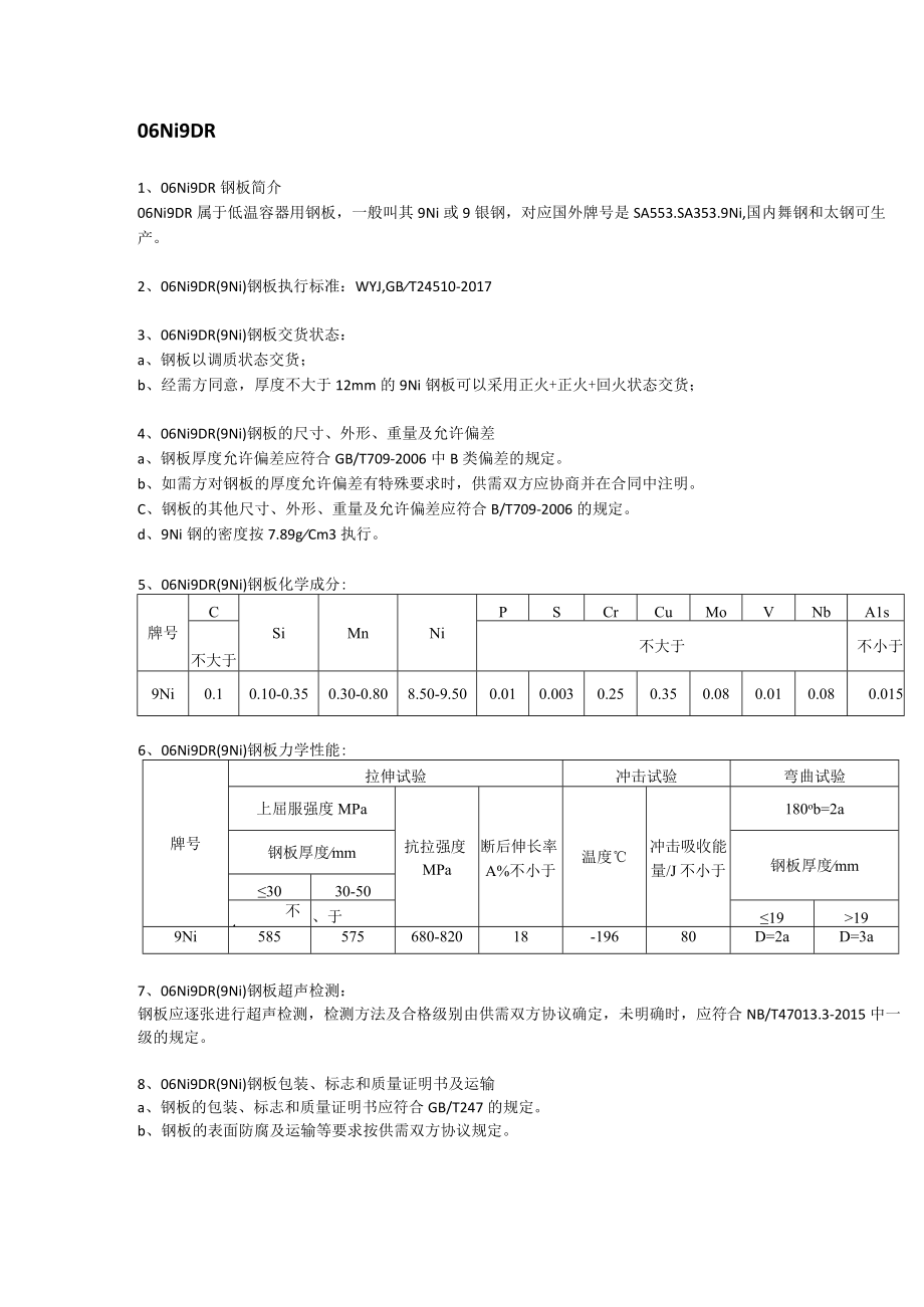 06Ni9DR低温容器板应用范围及执行标准.docx_第1页