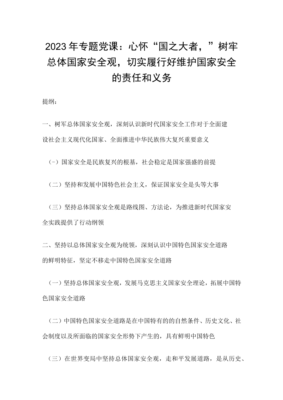 2023年专题党课：心怀国之大者树牢总体国家安全观切实履行好维护国家安全的责任和义务.docx_第1页