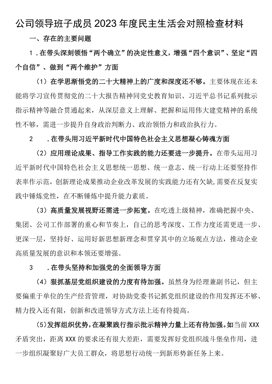 公司领导班子成员2023年度民主生活会对照检查材料.docx_第1页