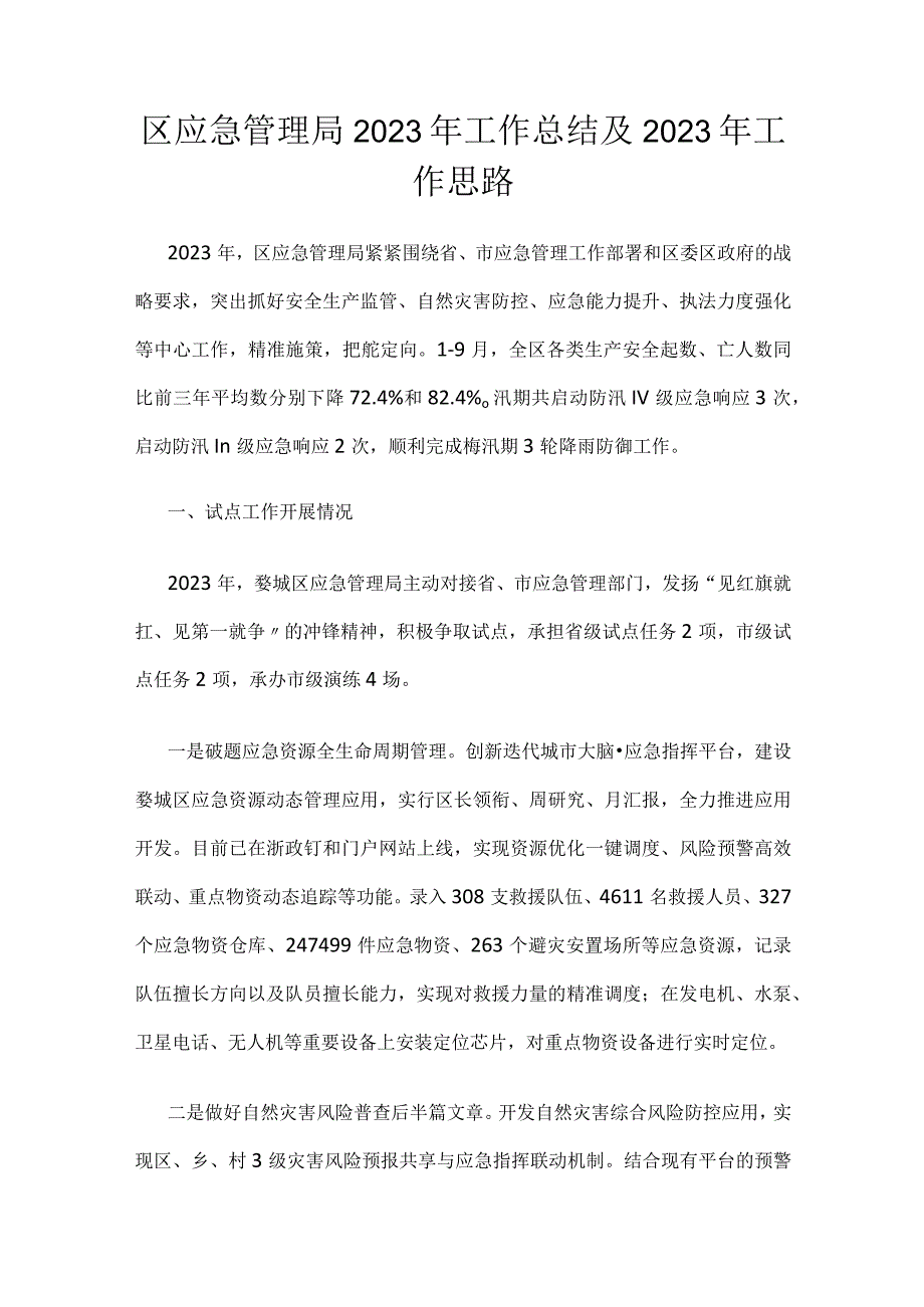 区应急管理局2023年工作总结及2023年工作思路.docx_第1页