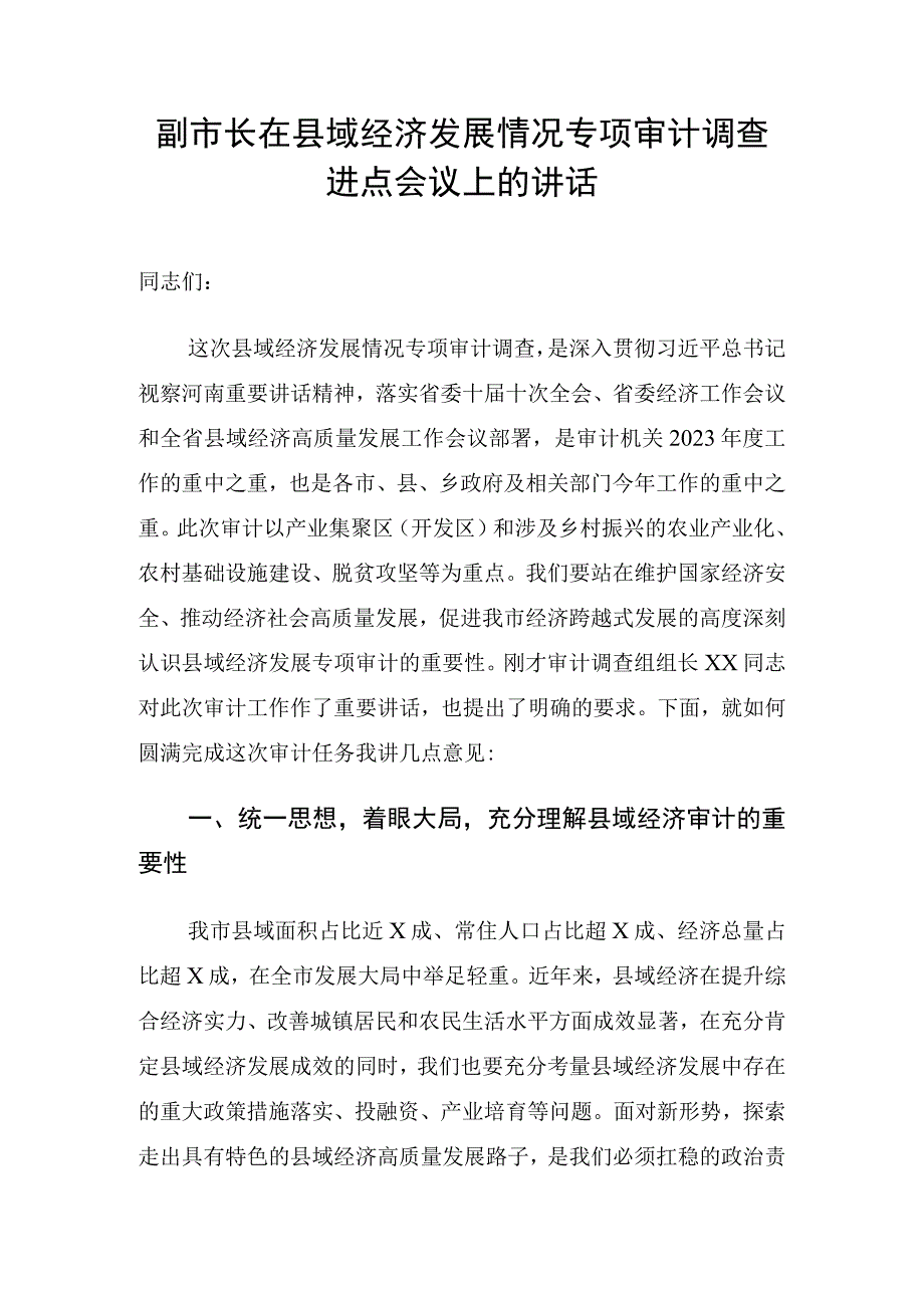 副市长在县域经济发展情况专项审计调查进点会议上的讲话.docx_第1页