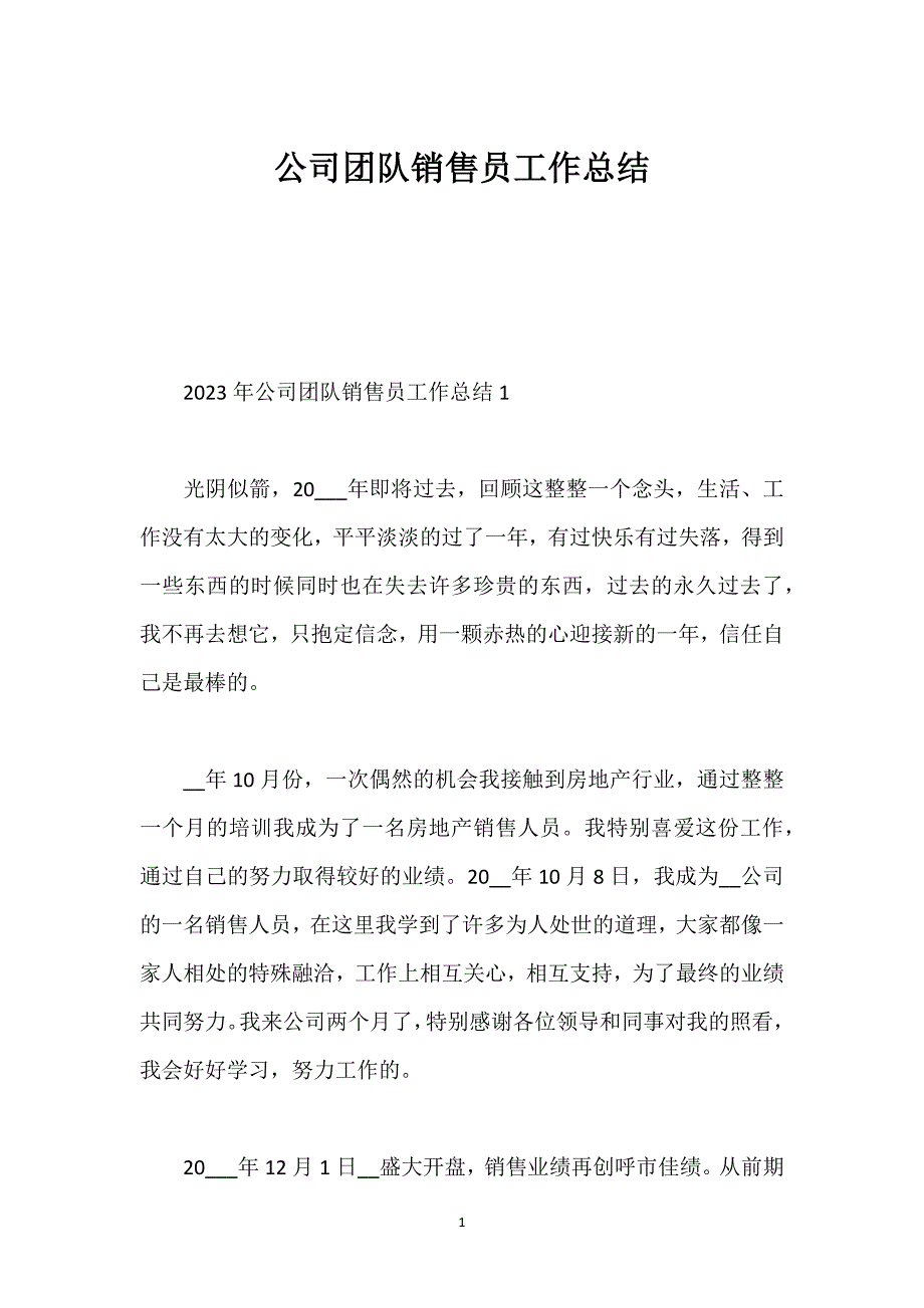 公司团队销售员工作总结_1.docx_第1页