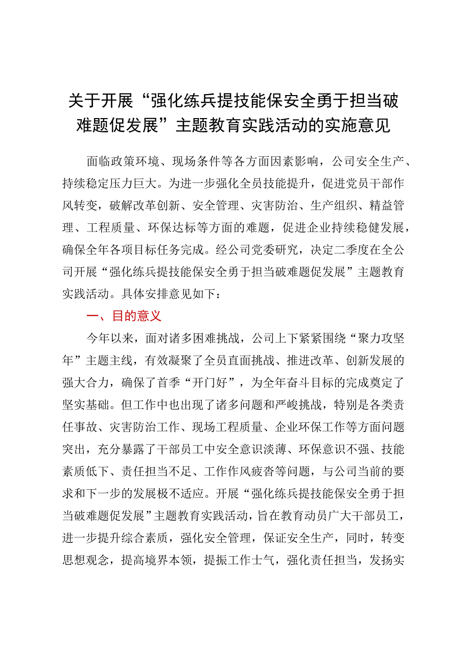 关于开展强化练兵提技能保安全勇于担当破难题促发展主题教育实践活动的实施意见.docx_第1页