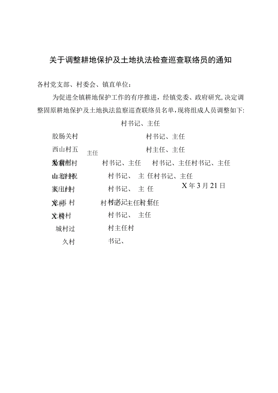 关于调整耕地保护及土地执法检查巡查联络员的通知.docx_第1页