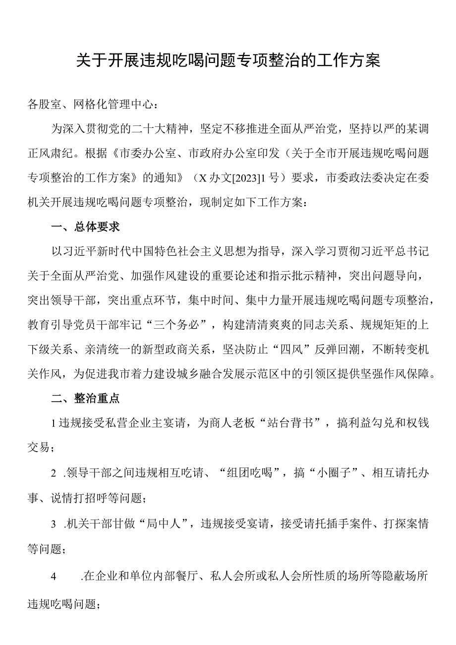 关于开展违规吃喝问题专项整治的工作方案.docx_第1页