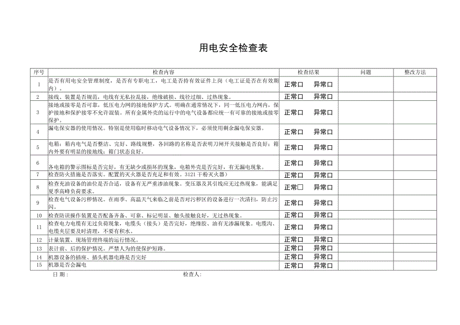 制度企业用电安全检查表.docx_第1页