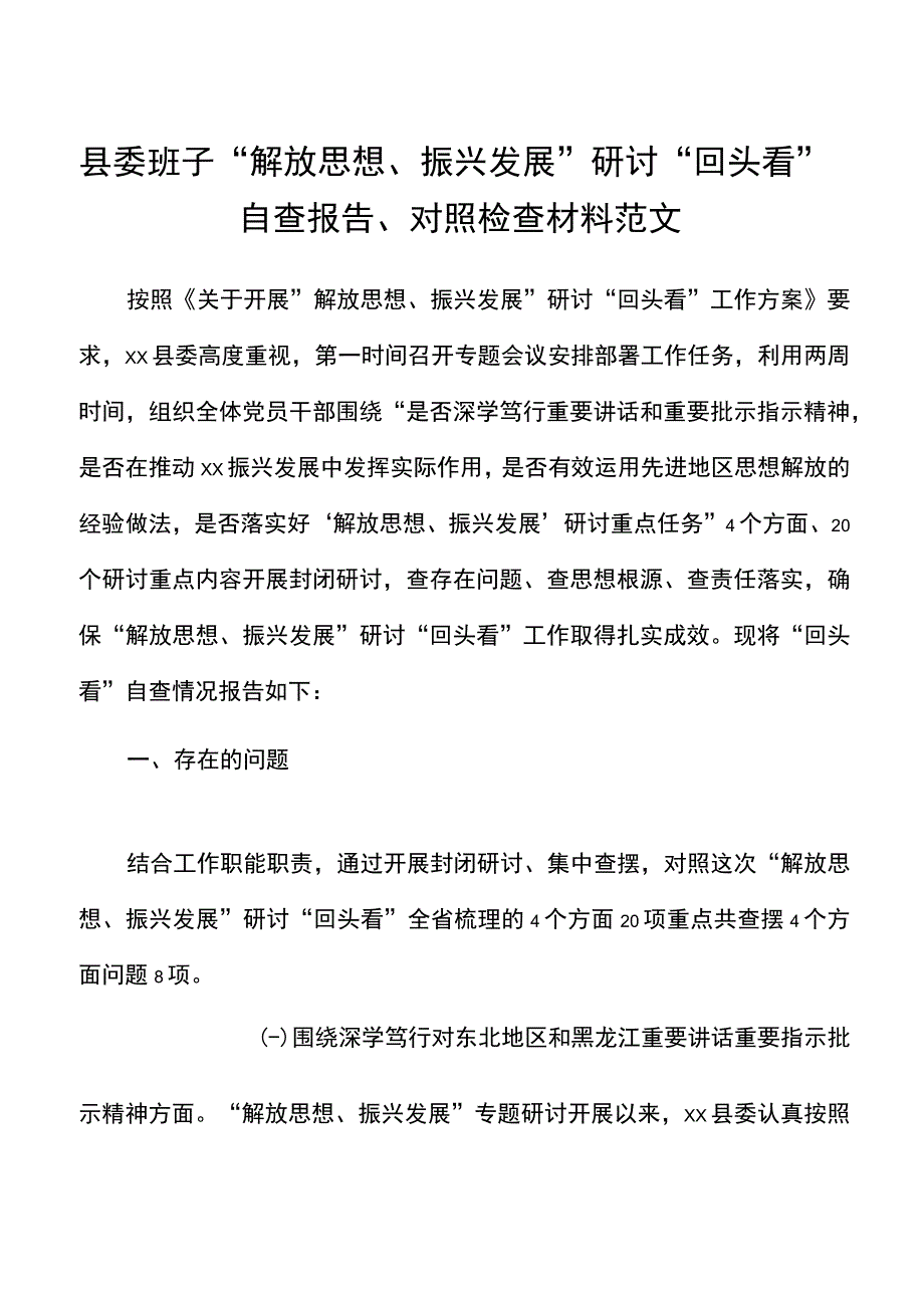 县委班子解放思想振兴发展研讨回头看自查报告对照检查材料范文.docx_第1页