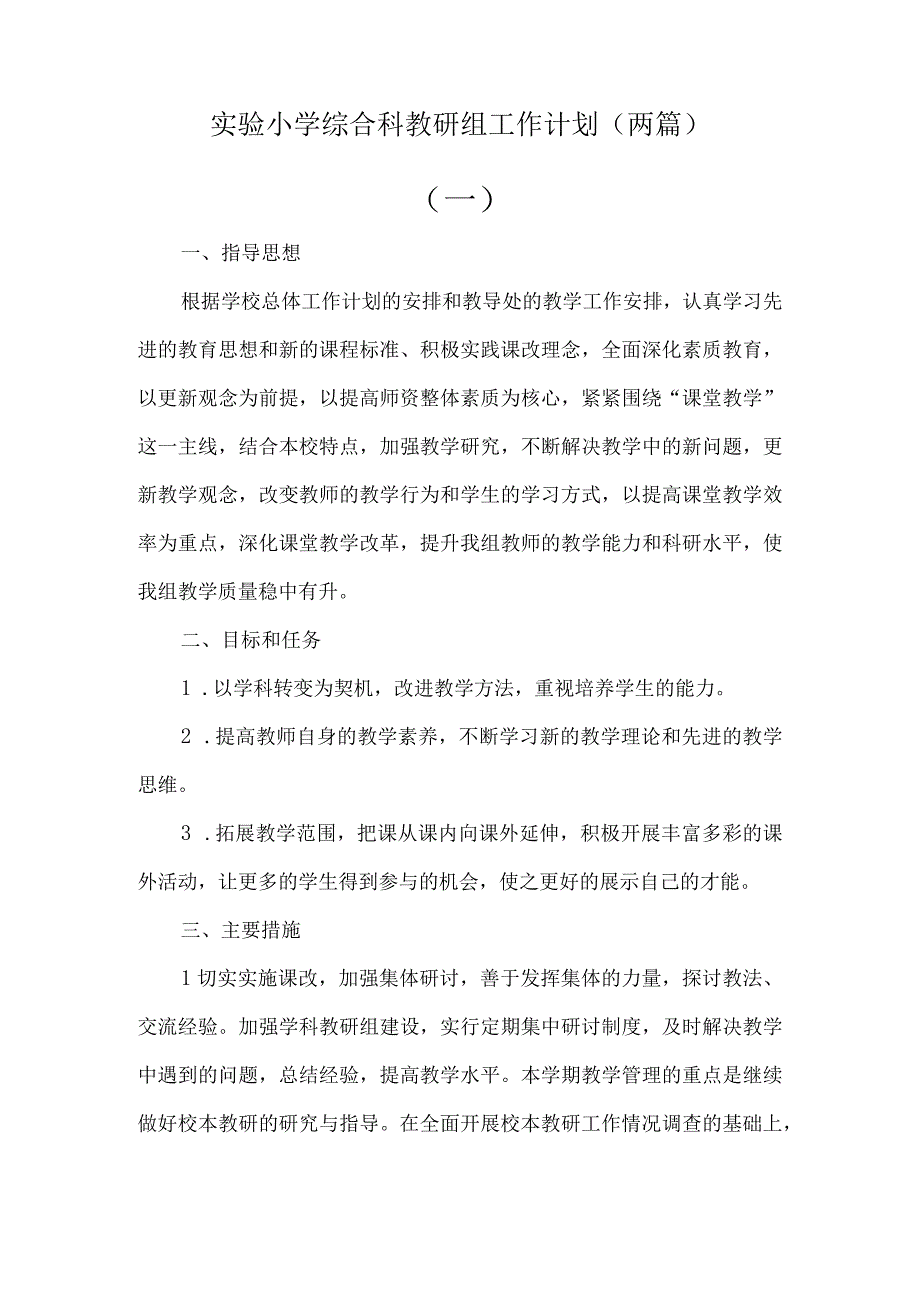 实验小学综合科教研组工作计划两篇.docx_第1页