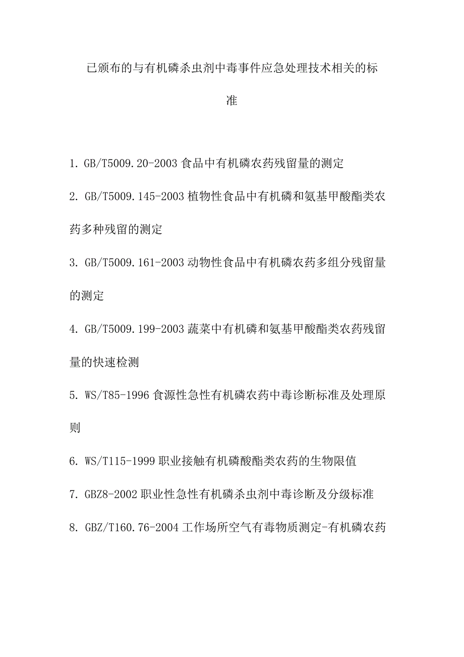 已颁布的与有机磷杀虫剂中毒事件应急处理技术相关的标准.docx_第1页