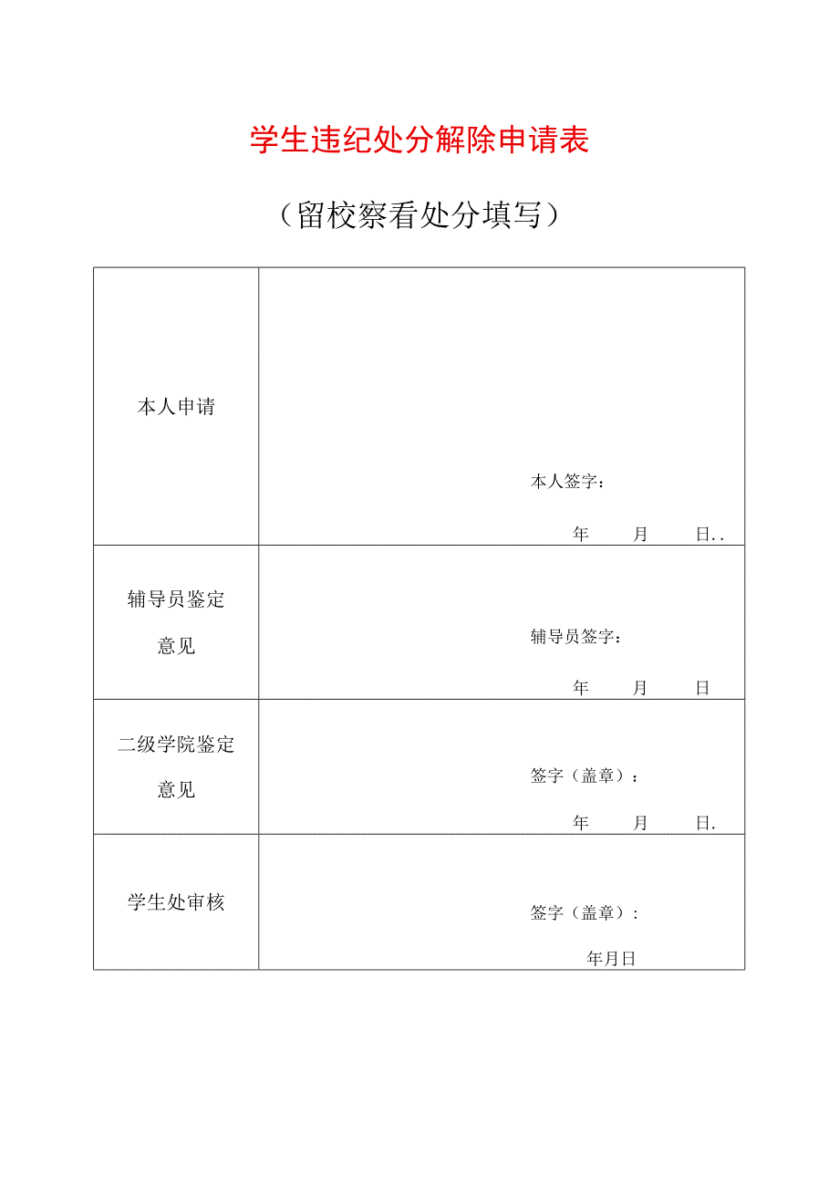 学生违纪处分解除申请表留校察看处分填写.docx_第1页