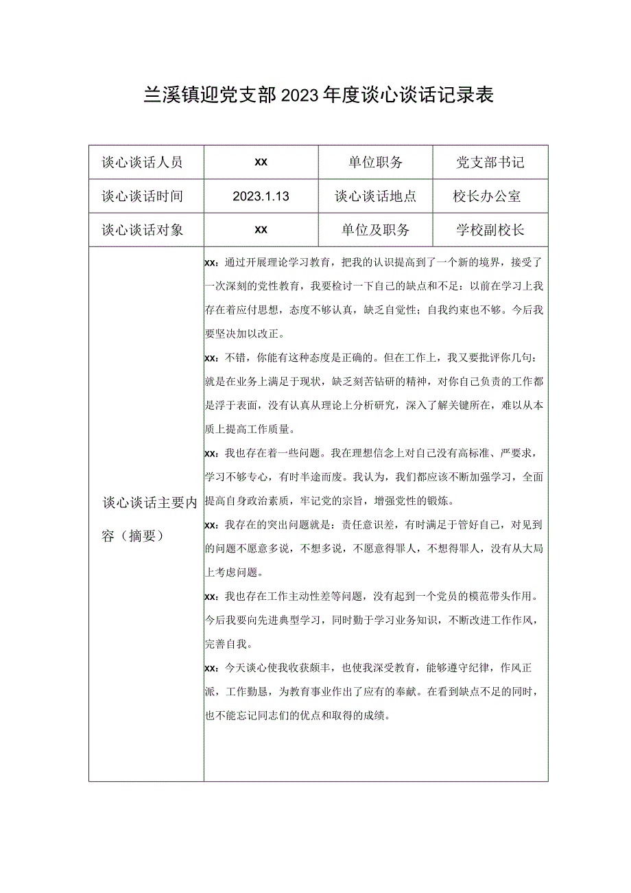 学校党支部2023年度谈心谈话记录表范本5.docx_第1页