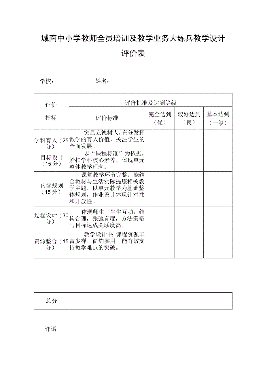 城南中小学教师全员培训及教学业务大练兵教学设计评价表模板.docx_第1页