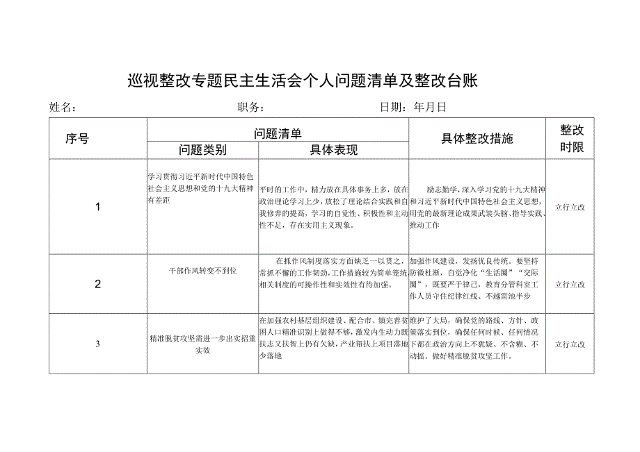 巡视整改专题民主生活会个人问题清单+整改台账+批评清单.docx_第1页