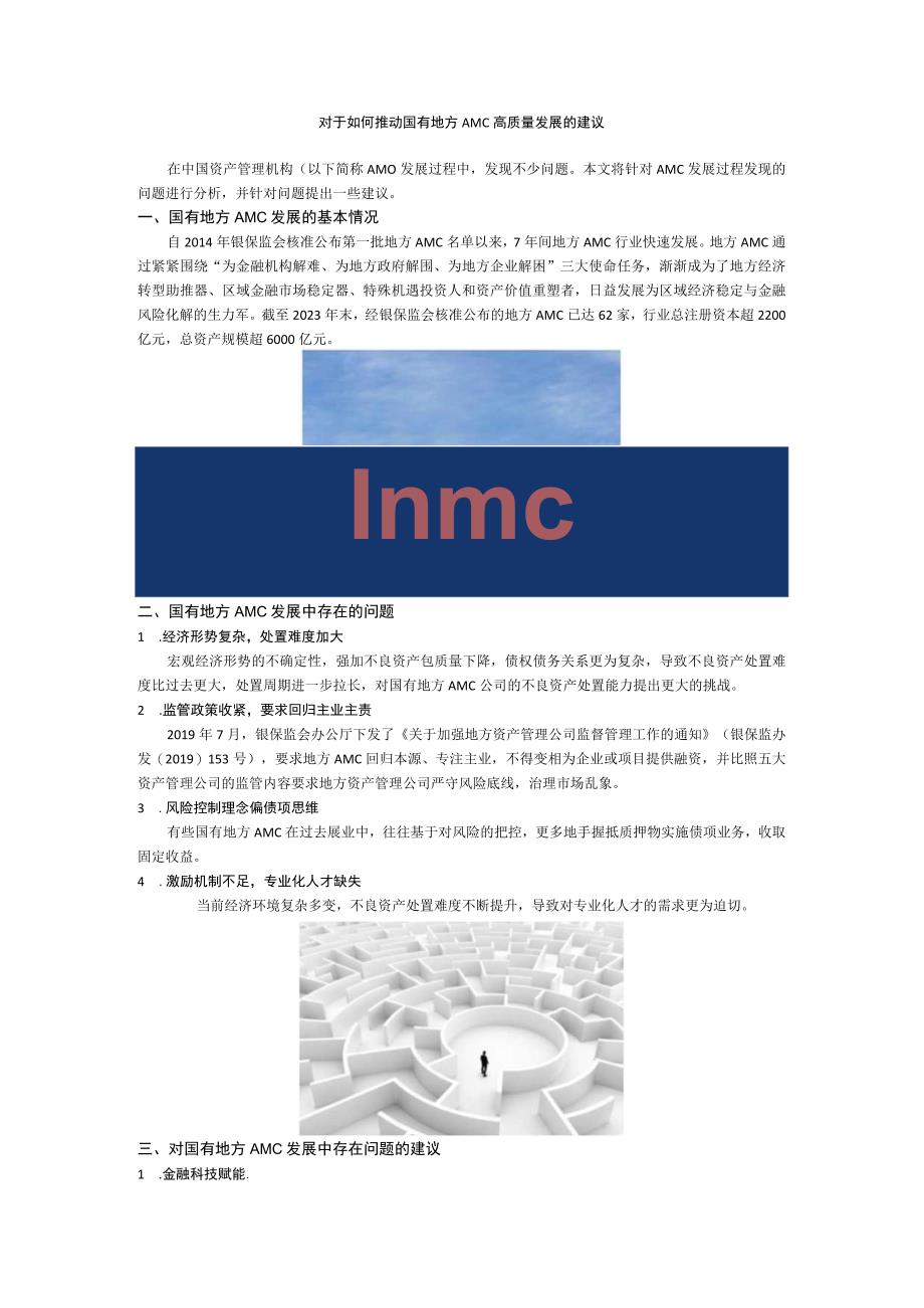 对于如何推动国有地方AMC高质量发展的建议.docx_第1页