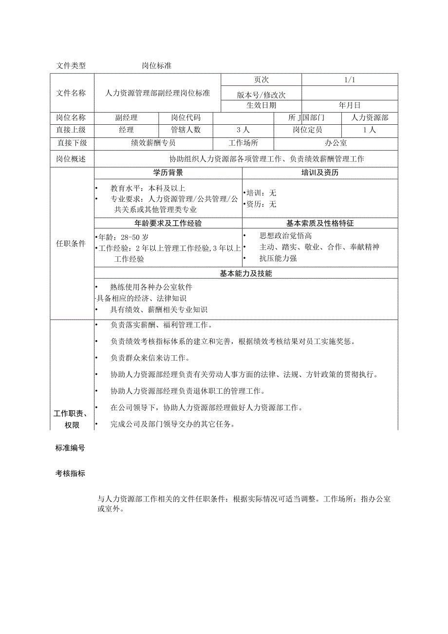 岗位工作标准人力资源部副经理岗917.docx_第1页