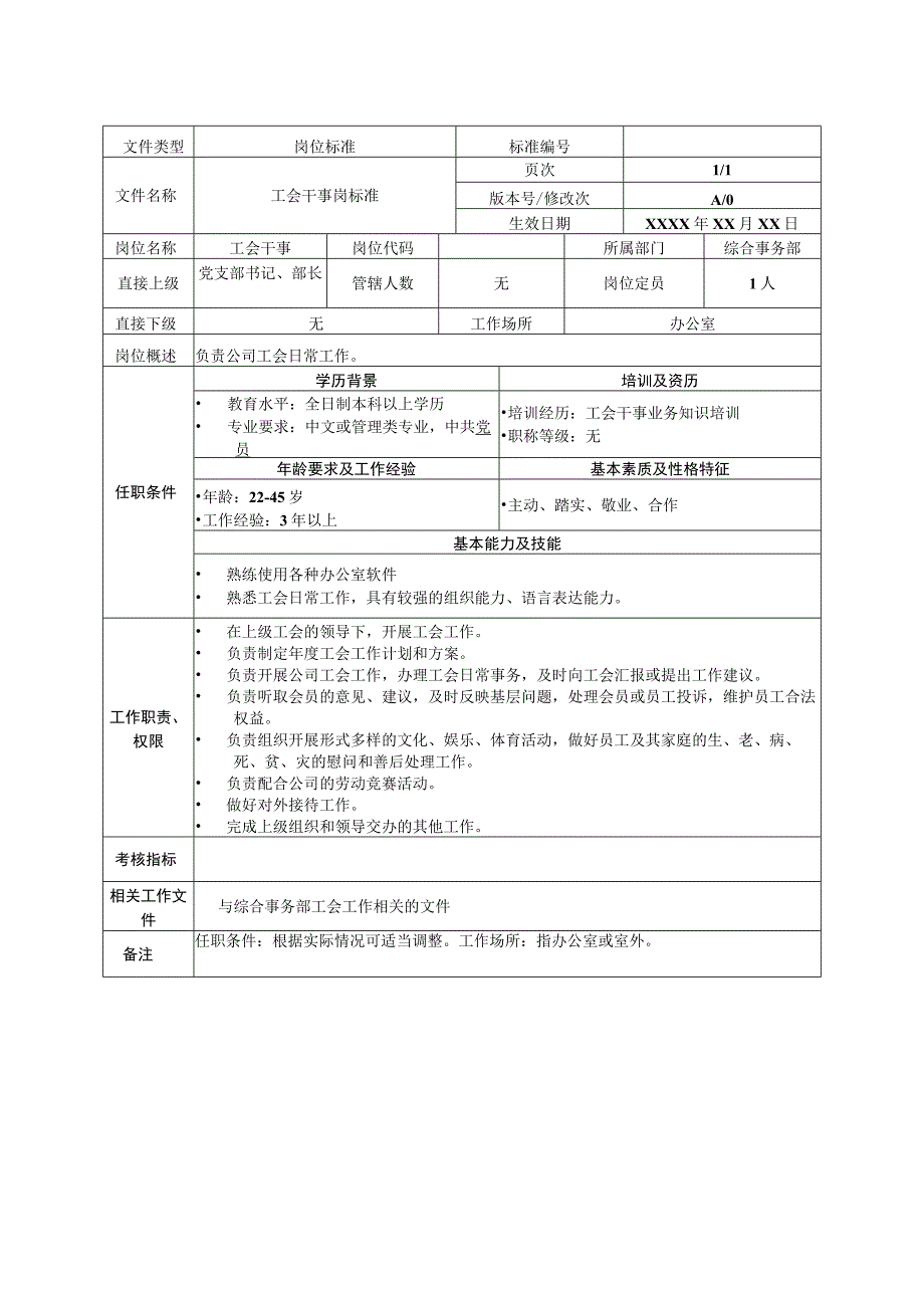 岗位工作标准工会干事.docx_第1页