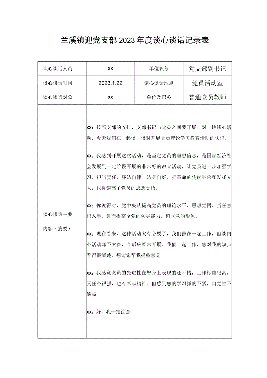 学校党支部2023年度谈心谈话记录表范本2.docx_第1页