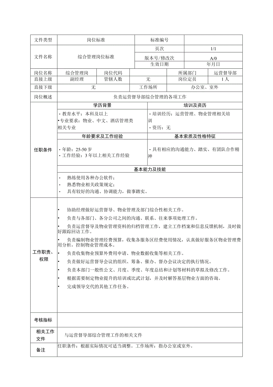 岗位工作标准综合管理岗.docx_第1页