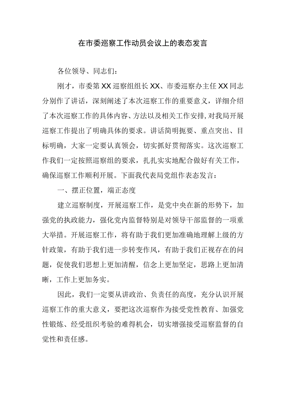 在市委巡察工作动员会上的表态发言精选二篇.docx_第1页