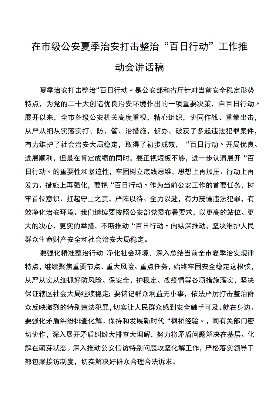 在市级公安夏季治安打击整治百日行动工作推进会.docx_第1页