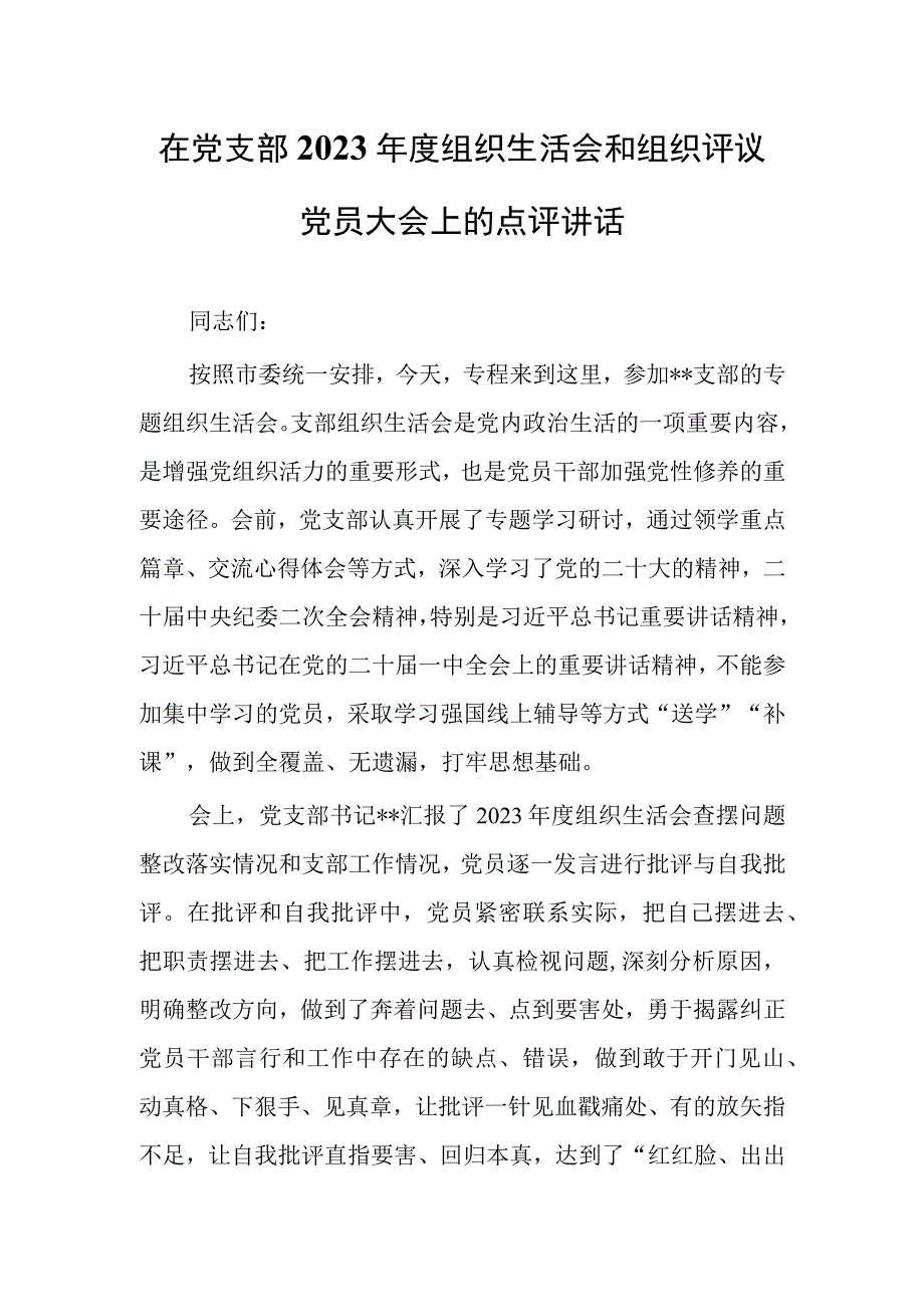 国企党支部班子2023年度基层专题组织生活会和组织评议党员大会上的点评讲话提纲共3篇.docx_第1页