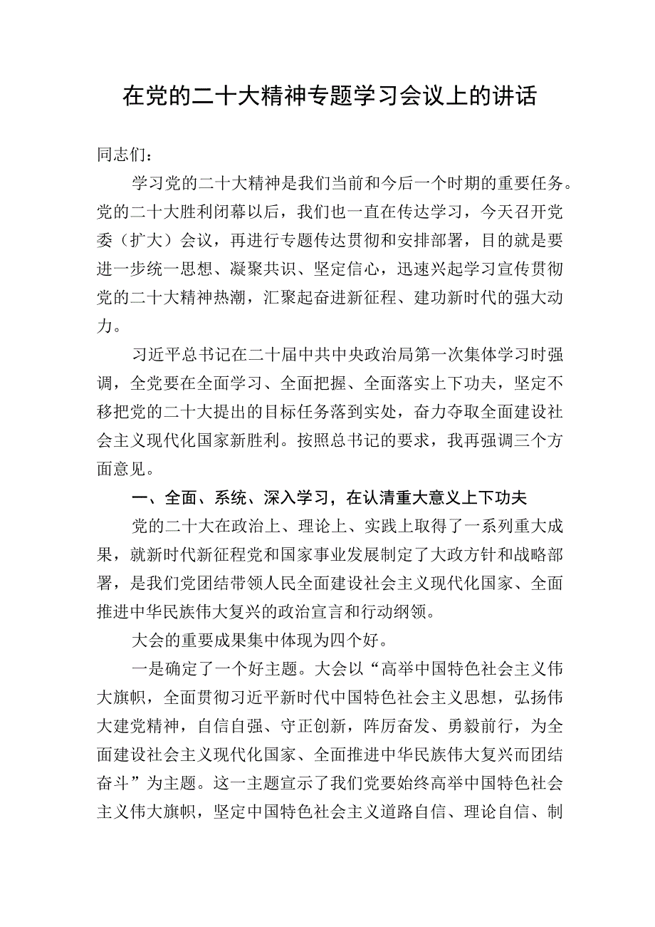 在党的二十大精神专题学习会议上的讲话.docx_第1页