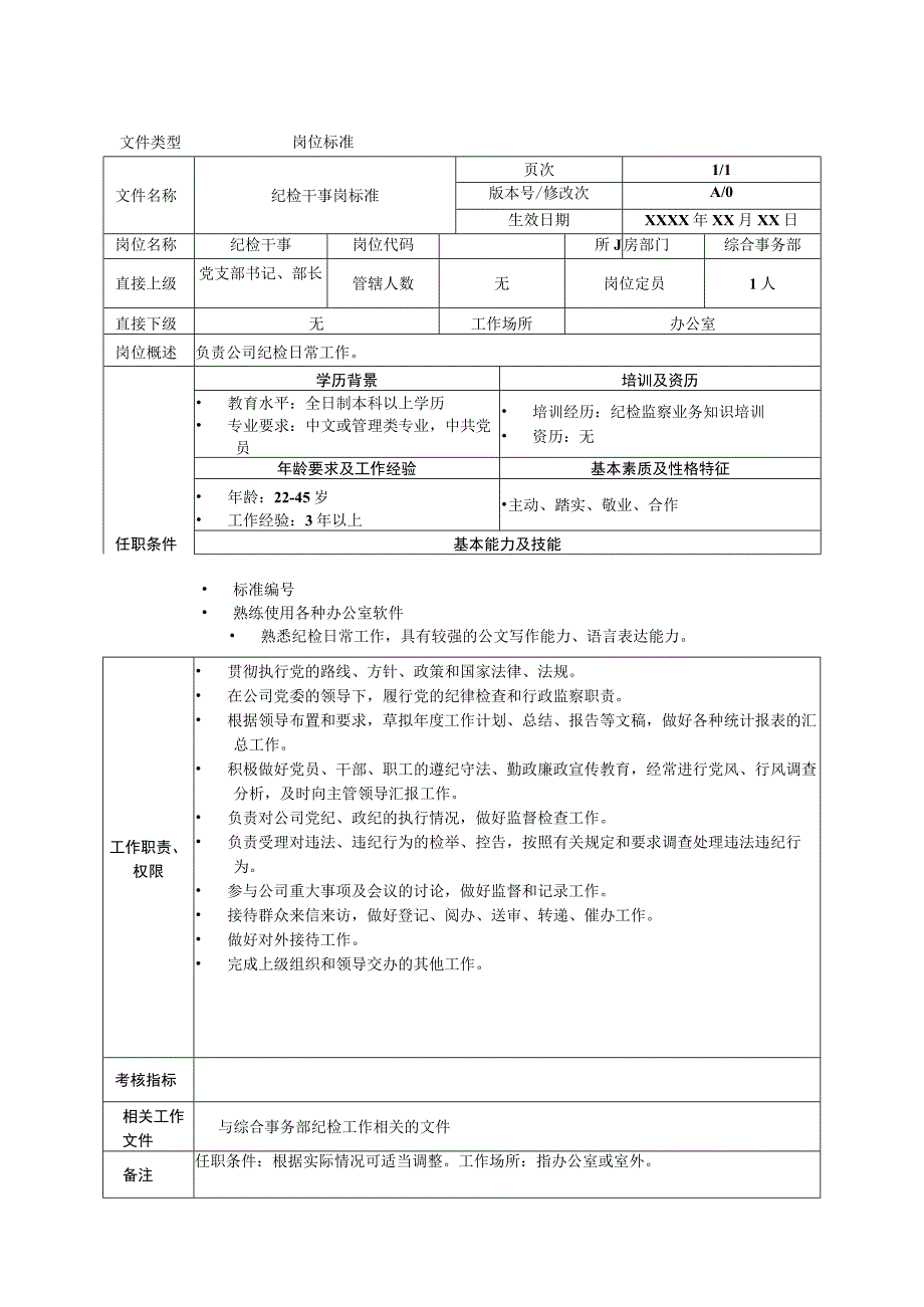 岗位工作标准纪检干事.docx_第1页