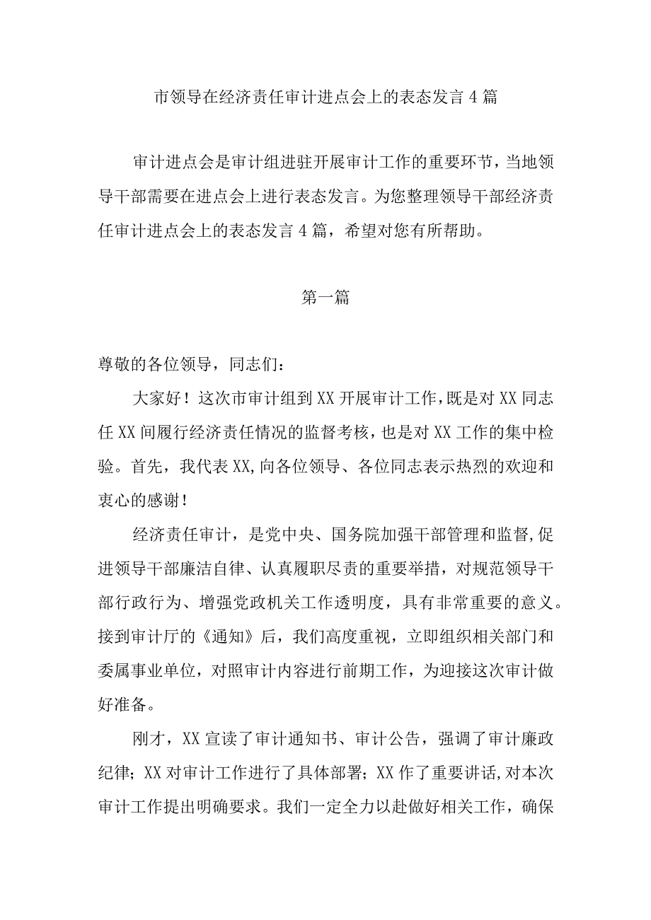 市领导在经济责任审计进点会上的表态发言4篇.docx_第1页