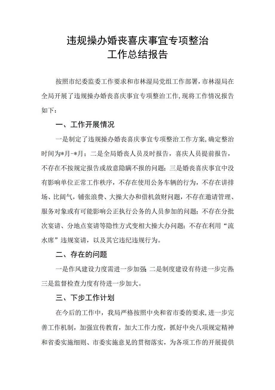 市某局违规操办婚丧喜庆事宜专项整治工作总结报告.docx_第1页