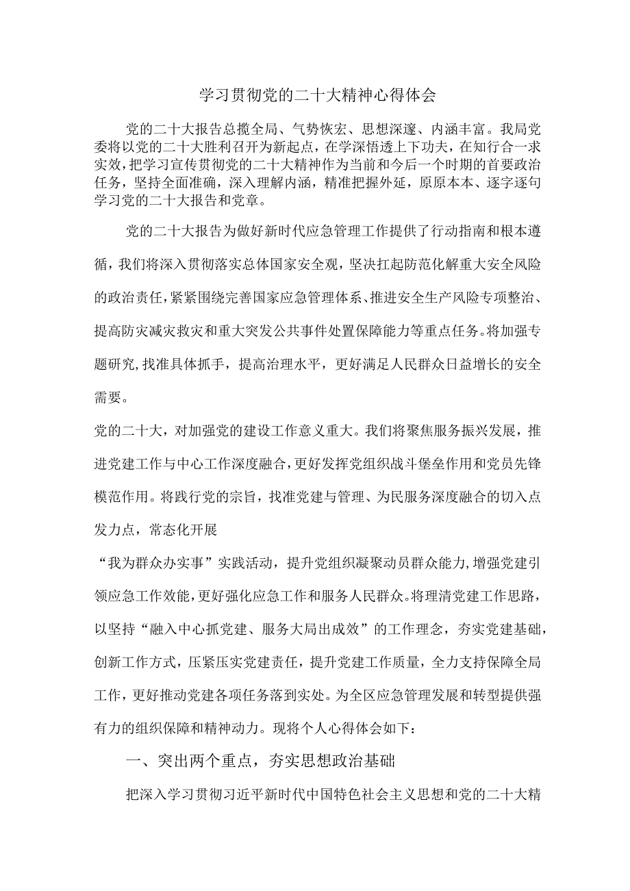 应急管理局副科长学习贯彻党的二十大精神心得体会三篇.docx_第1页