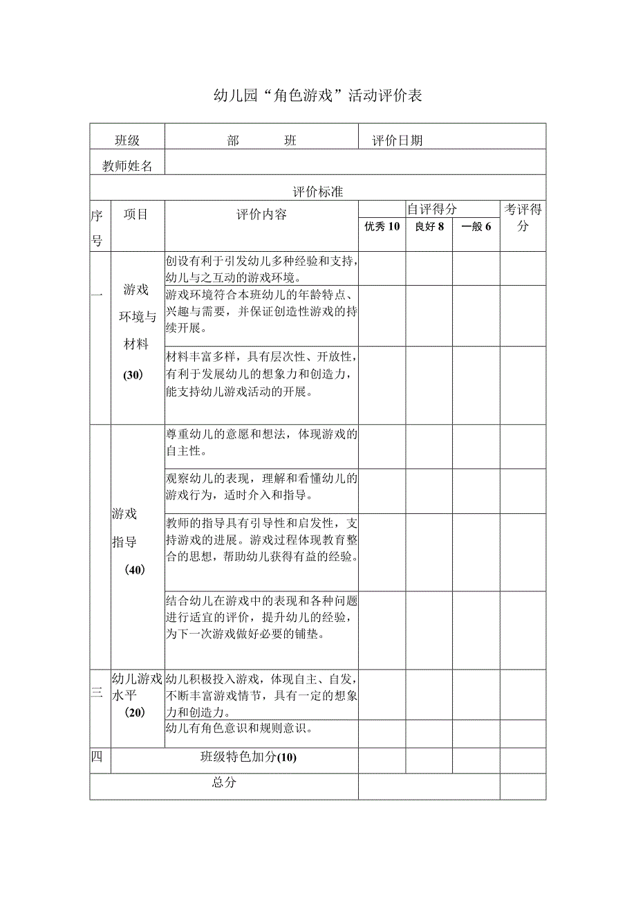 幼儿园角色游戏活动评价表.docx_第1页