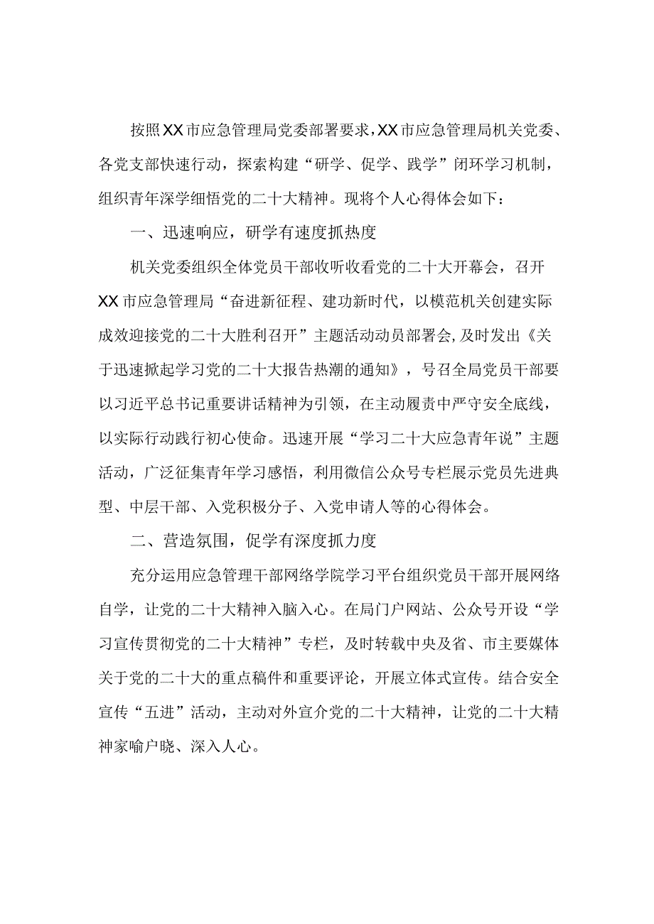 应急管理局调研员学习贯彻党的二十大精神心得体会三篇.docx_第1页