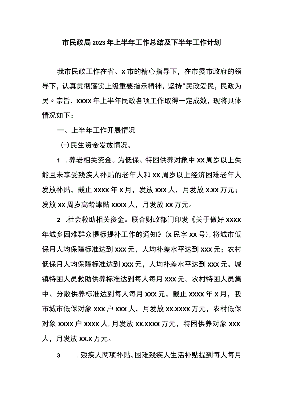 市民政局2023年上半年工作总结及下半年工作计划.docx_第1页