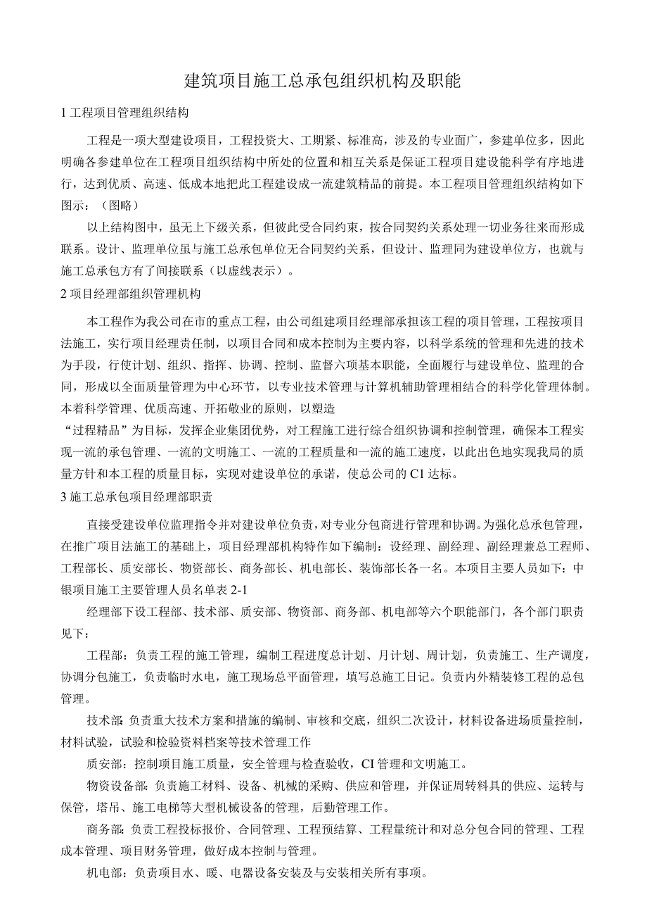 建筑项目施工总承包组织机构及职能.docx_第1页