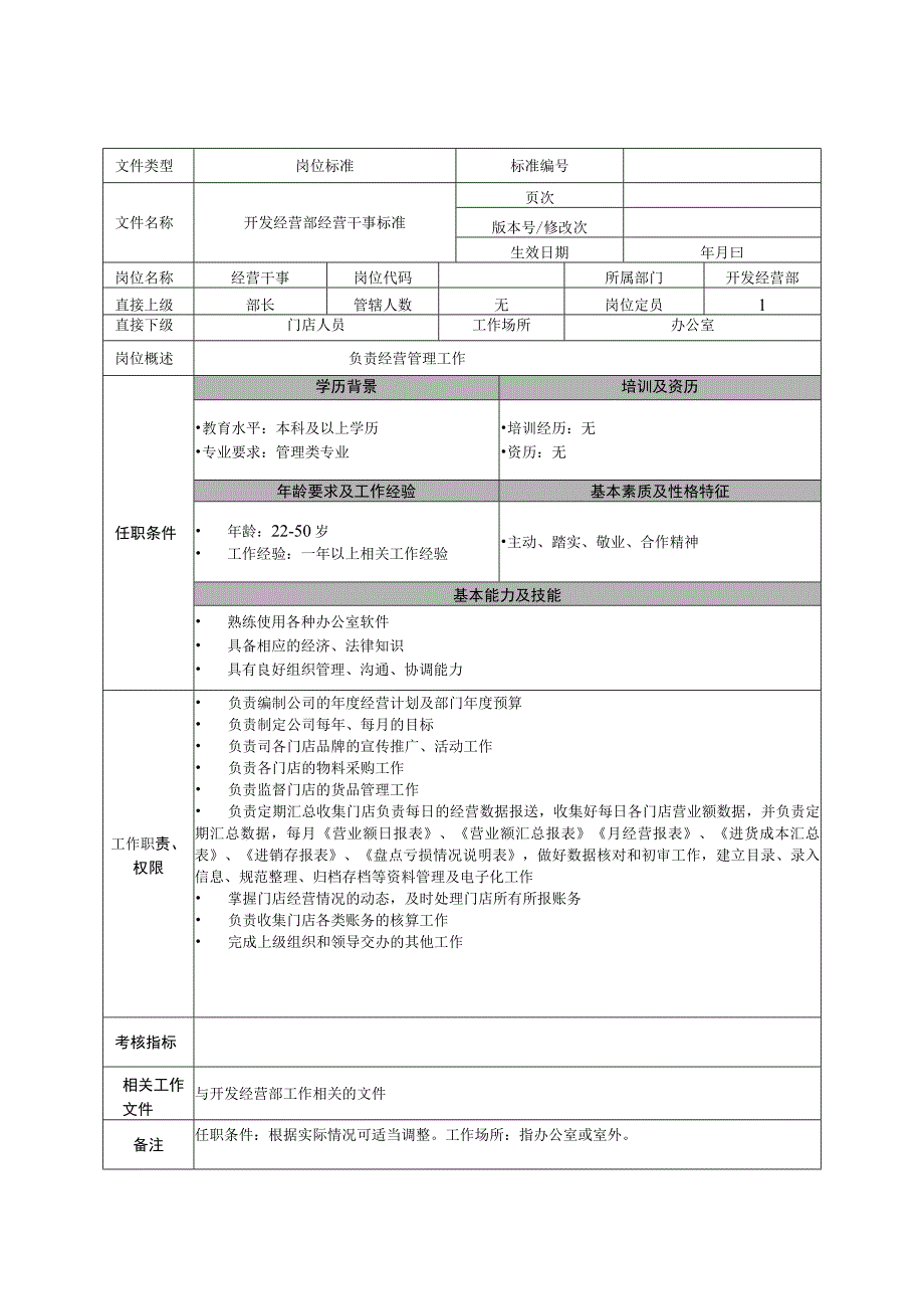 开发经营部经营干事岗位标准.docx_第1页