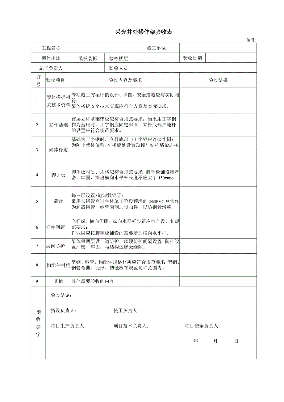 建筑工程采光井操作架阶段安装完成验收记录表.docx_第1页