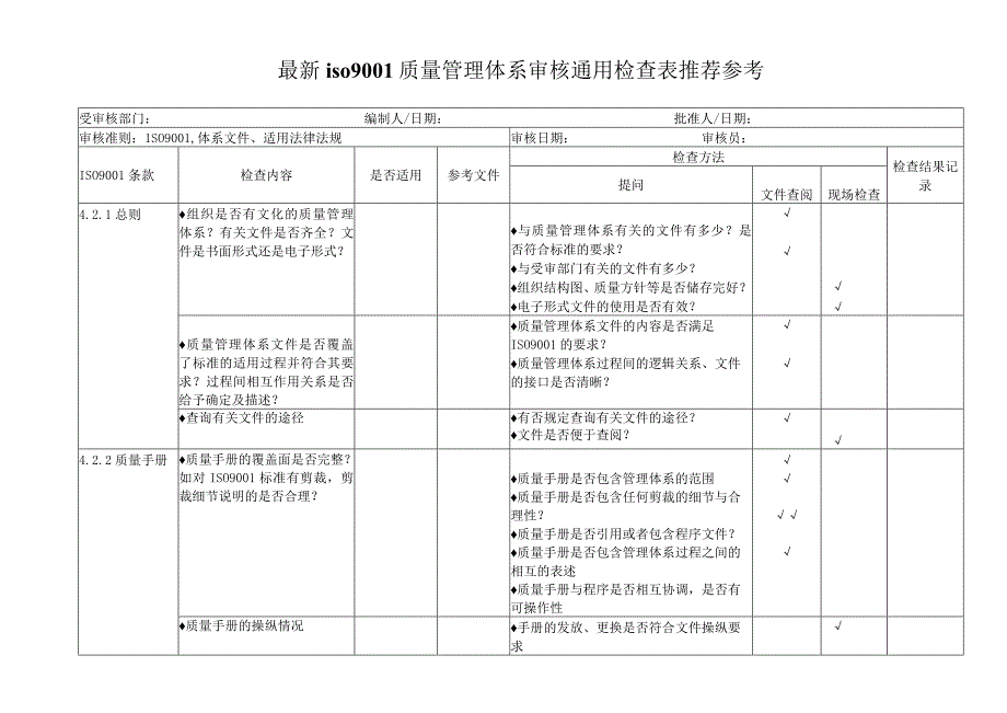 最新iso9001质量管理体系审核通用检查表推荐参考.docx_第1页