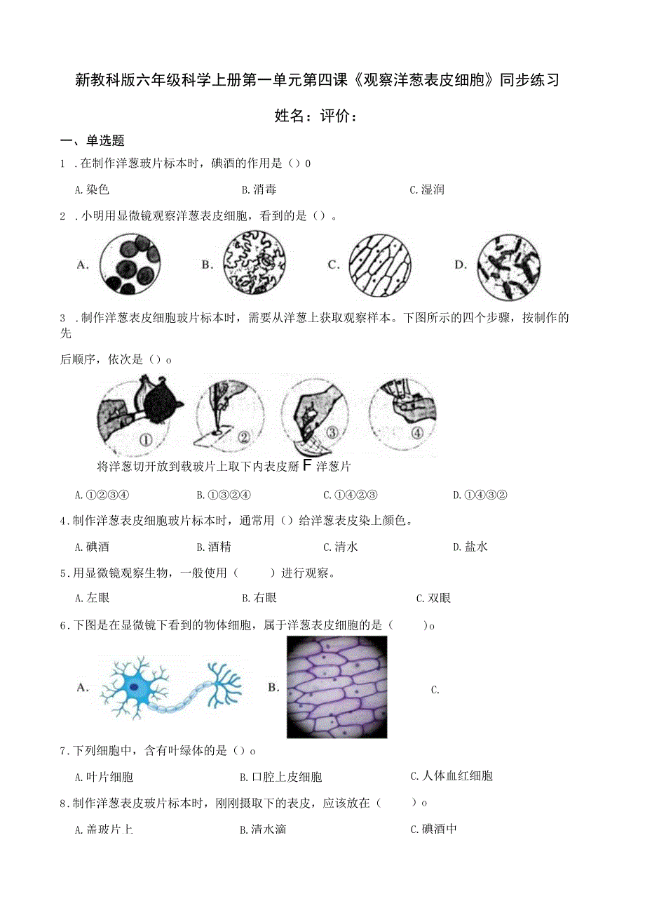 新教科版六年级科学上册第一单元第四课观察洋葱表皮细胞同步练习.docx_第1页