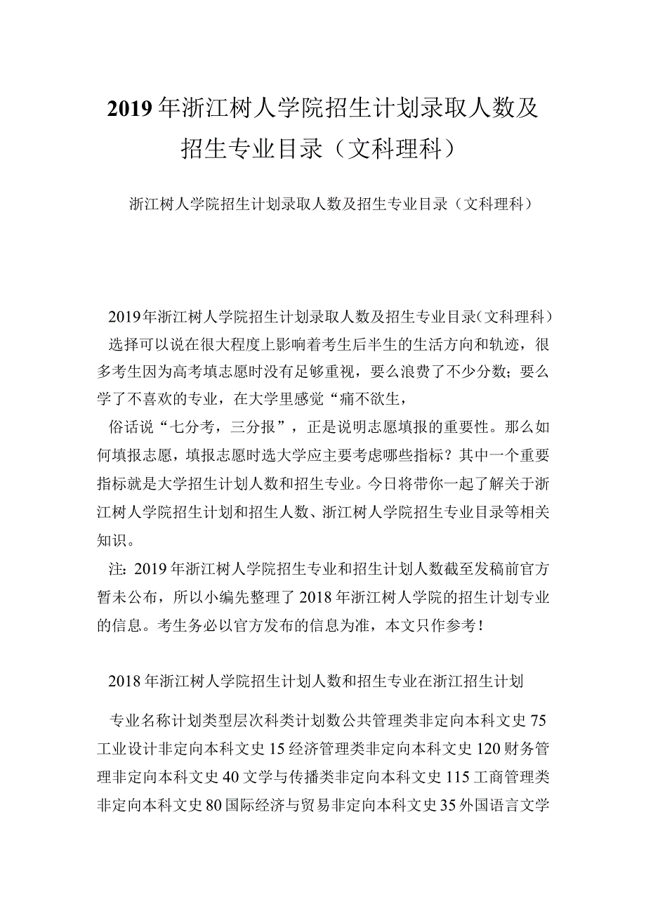 浙江树人学院招生计划录取人数及招生专业目录(文科理科).docx_第1页