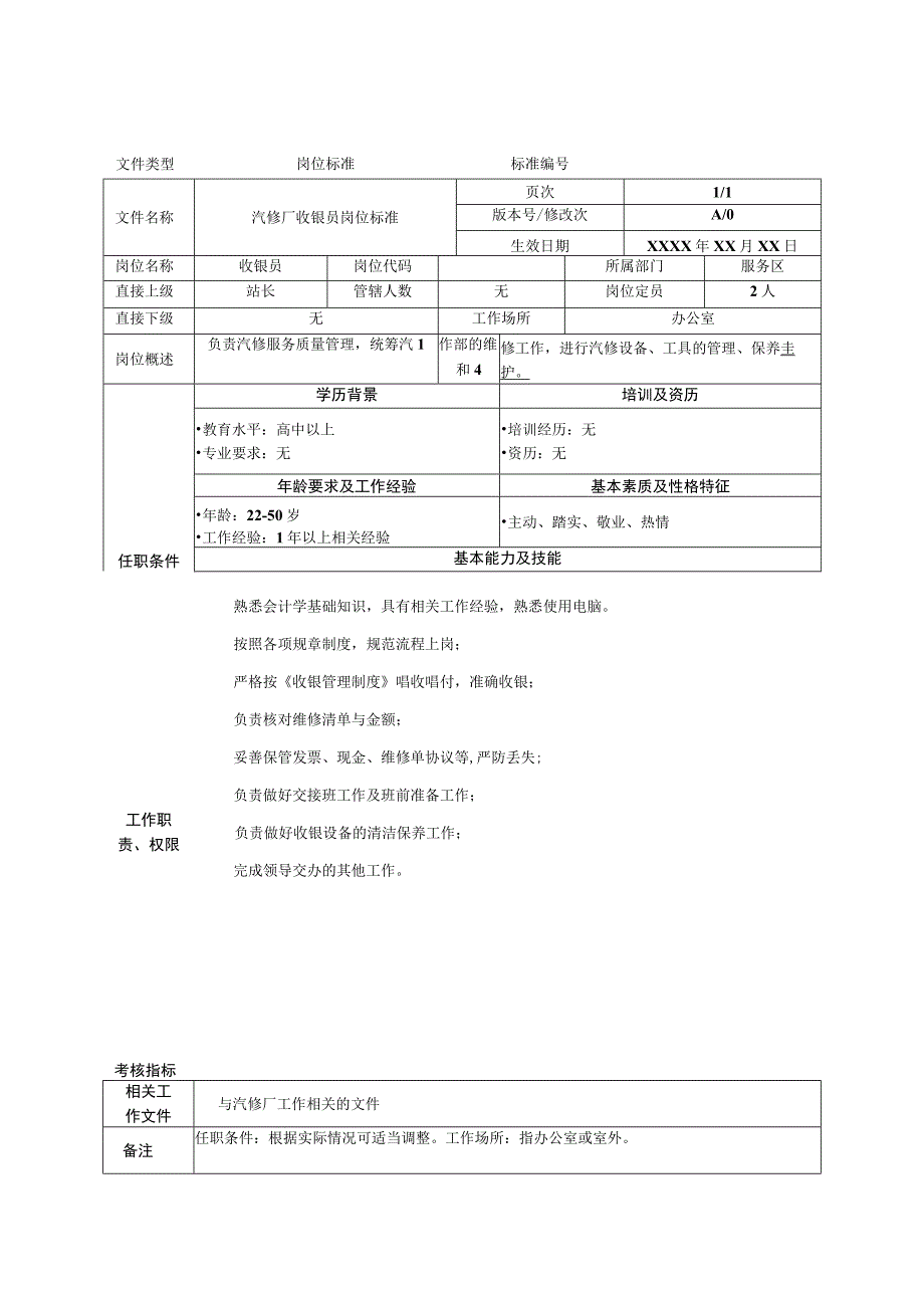 汽修厂收银员工作标准.docx_第1页