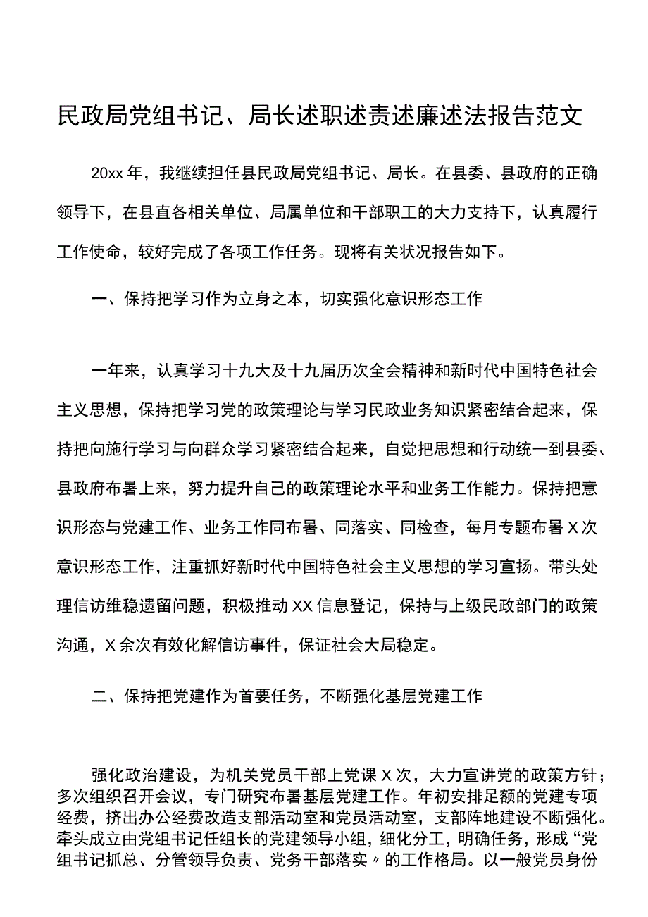 民政局党组书记局长述职述责述廉述法报告范文个人.docx_第1页