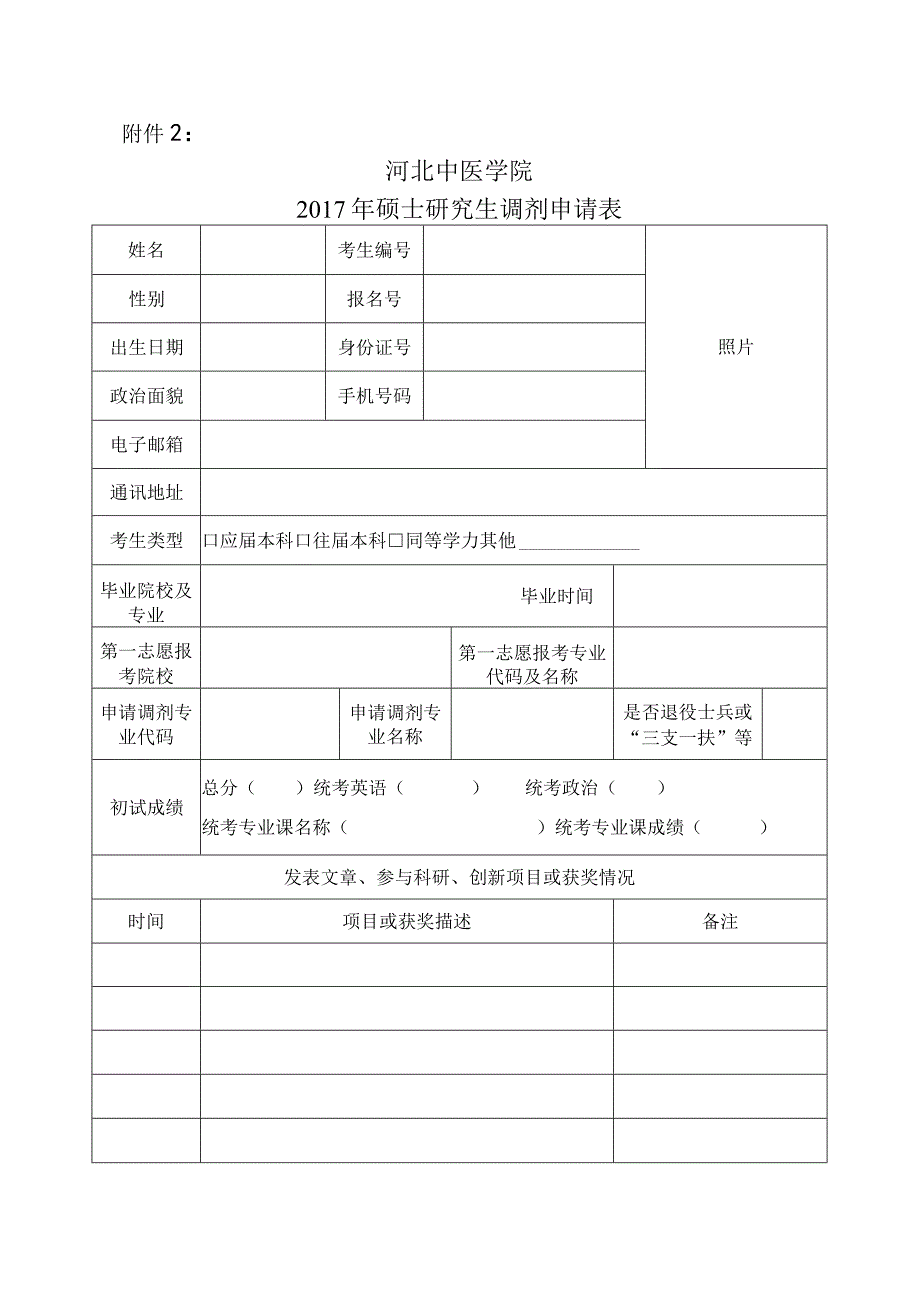 河北中医学院2017年硕士研究生调剂申请表.docx_第1页