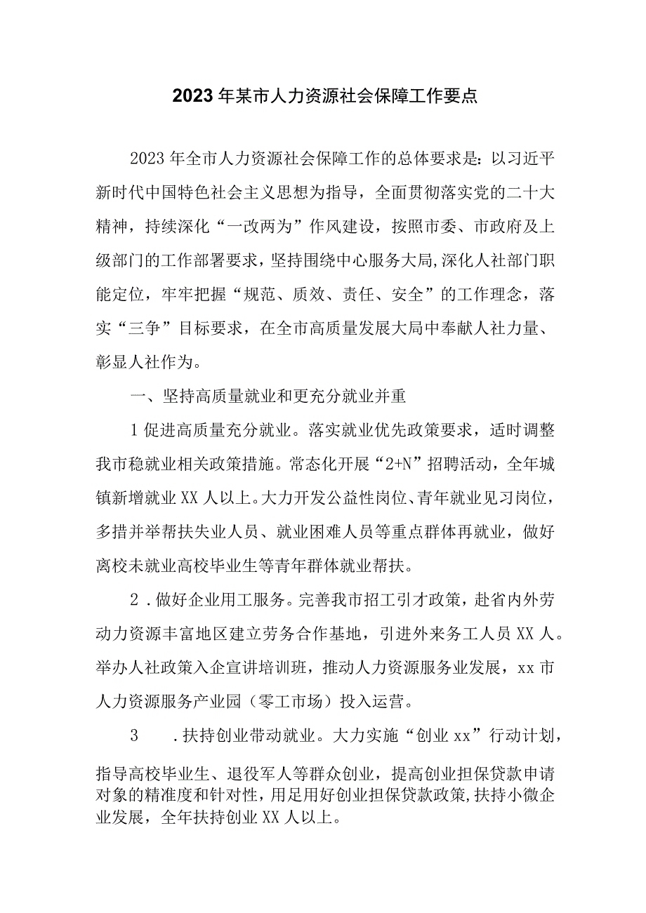 2023年某市人力资源社会保障工作要点(1).docx_第1页