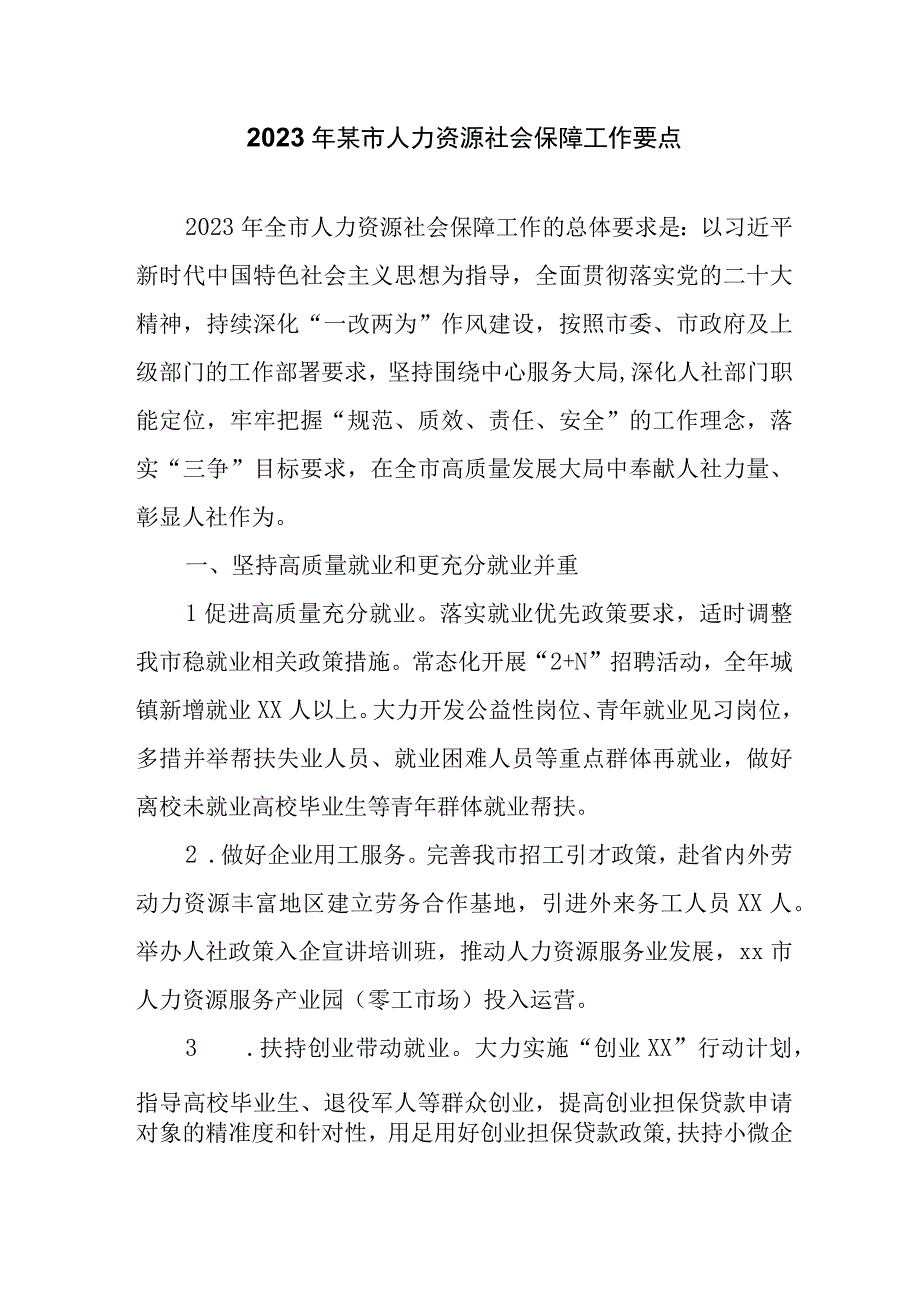 2023年某市人力资源社会保障工作要点.docx_第1页