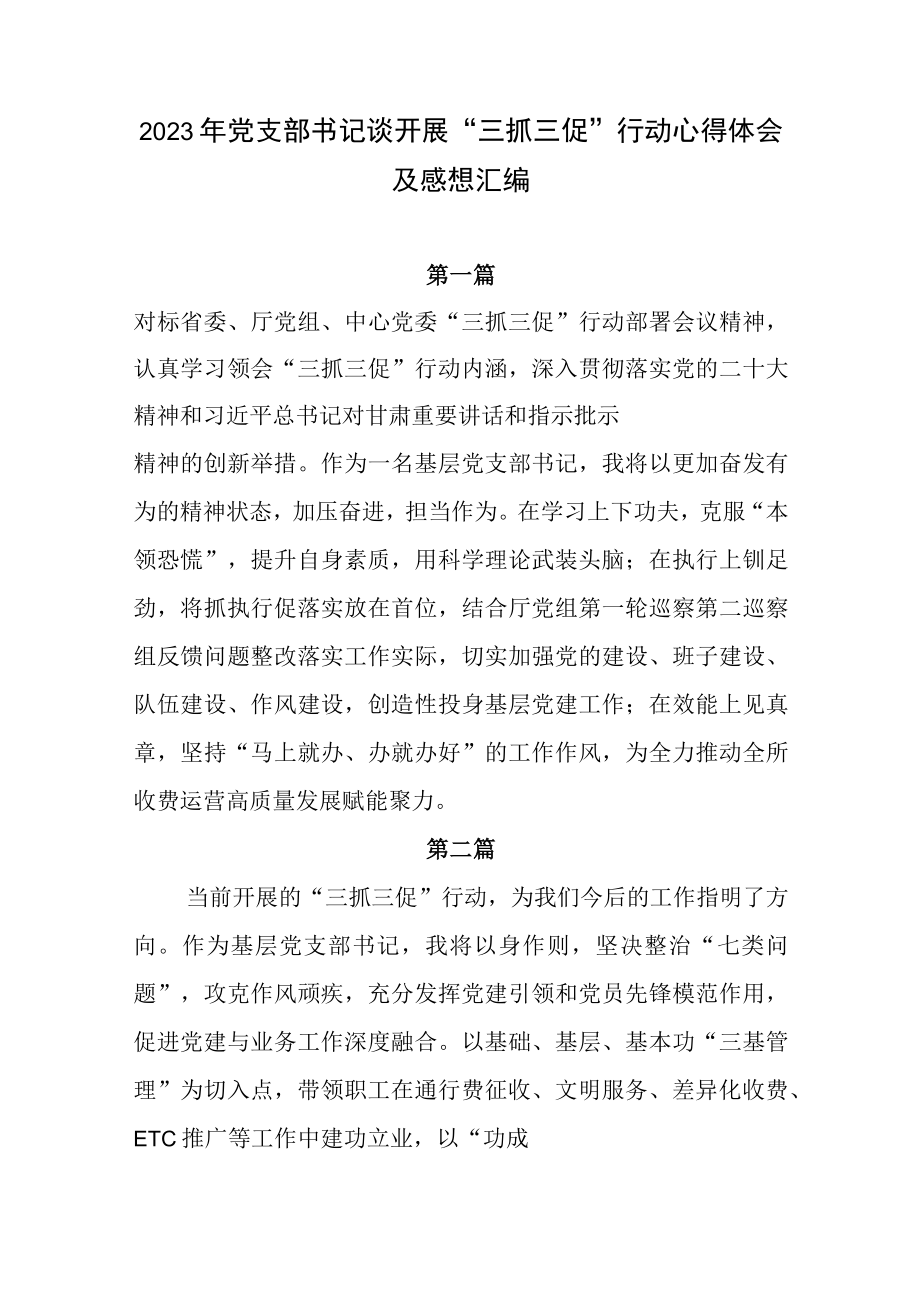 2023年党支部书记谈开展三抓三促行动心得体会及感想汇编.docx_第1页