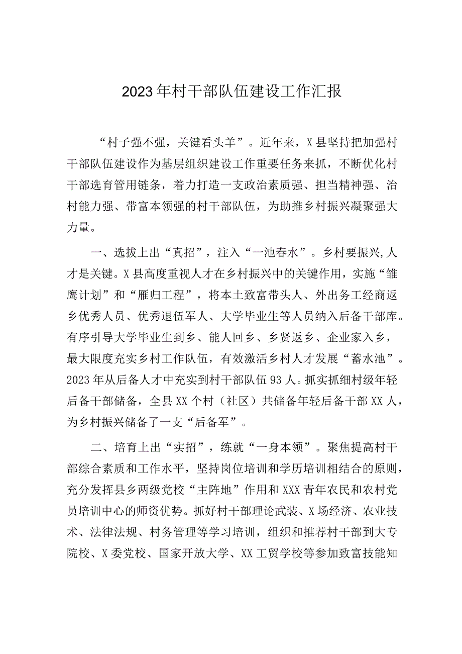 2023年村干部队伍建设工作汇报.docx_第1页